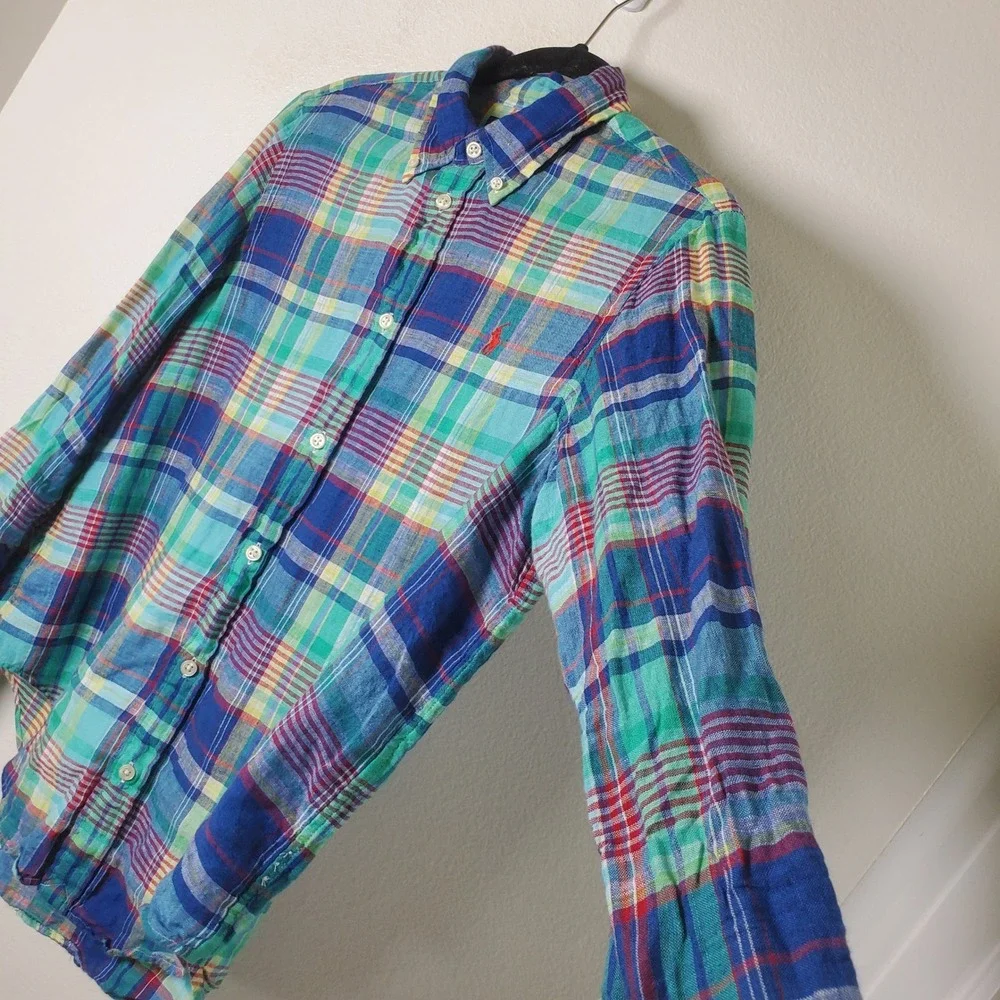 Ralph Lauren Multicolor Plaid Slub Linen Button Down Shirt Blue Green Youth Lg